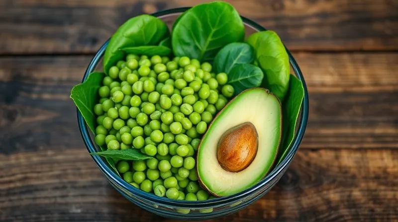 photorealistic, professional photography, 8K, cinematic lighting, sharp focus, depth of field, shot on a high-end DSLR, a vibrant bowl of various fresh green vegetables like blanched green peas, spinach leaves, edamame, and half an avocado, ready to be blended into a healthy spread, with a rustic wooden background.