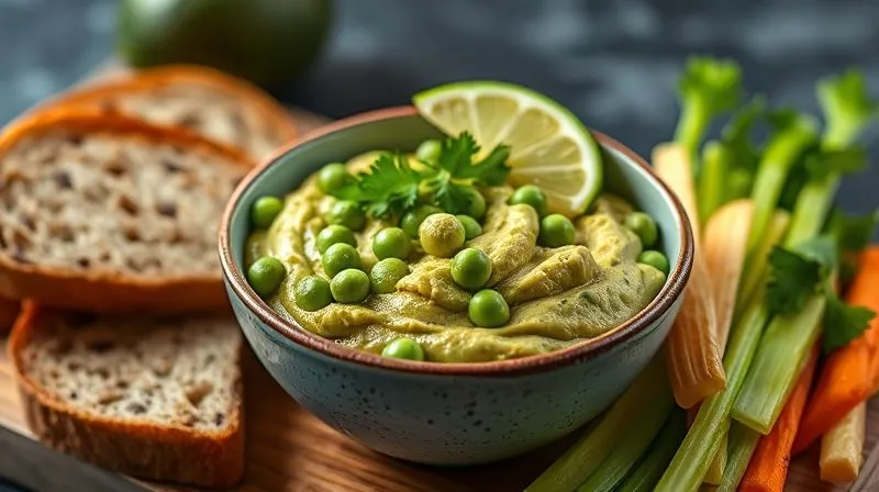photorealistic, professional photography, 8K, cinematic lighting, sharp focus, depth of field, shot on a high-end DSLR, a beautifully plated bowl of low-calorie avocado and pea spread, garnished with fresh cilantro and a lime wedge, next to crisp rye bread and colorful raw vegetable sticks, suggesting a healthy, light meal.