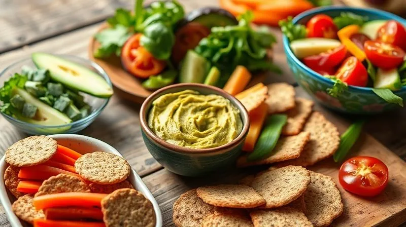 photorealistic, professional photography, 8K, cinematic lighting, sharp focus, depth of field, shot on a high-end DSLR, a vibrant healthy lunch spread with a small bowl of low-calorie avocado spread, surrounded by fresh vegetable sticks, whole-grain crackers, and a colorful salad, all meticulously arranged on a rustic wooden table, emphasizing portion control and healthy eating.