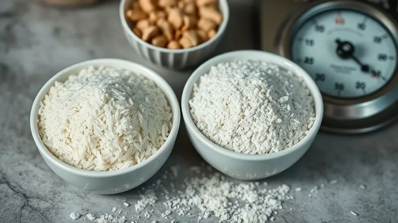 A close-up, photorealistic, professional photography shot of gluten-free rice flour and psyllium husk in separate small bowls, with a kitchen scale nearby, cinematic lighting, sharp focus, depth of field, 8K hyper-detailed.