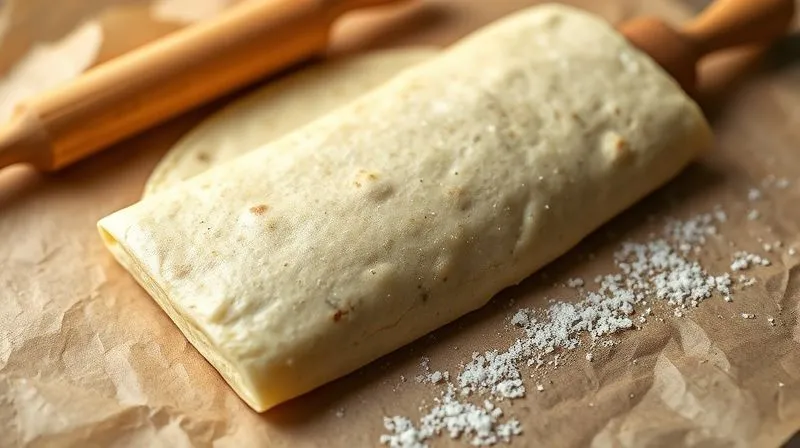 A photorealistic, professional photography shot of a perfectly rolled, thin gluten-free rice tortilla dough on parchment paper, with a rolling pin beside it, cinematic lighting, sharp focus, depth of field, 8K hyper-detailed.