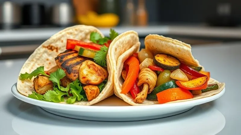 A vibrant, photorealistic, professional photography shot of a plate with two different low-calorie gluten-free rice tortillas, one filled with grilled chicken and fresh salsa, the other with colorful roasted vegetables and a dollop of hummus, set on a bright, minimalist kitchen counter, cinematic lighting, sharp focus, depth of field, 8K hyper-detailed.