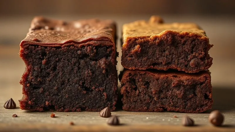 photorealistic, professional photography, 8K, cinematic lighting, sharp focus, depth of field, shot on a high-end DSLR, a traditional rich, fudgy brownie next to a lighter, elegant vegan brownie, clearly showing a visual difference in texture and ingredients, yet both looking equally appealing.