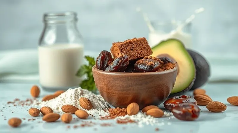 photorealistic, professional photography, 8K, cinematic lighting, sharp focus, depth of field, shot on a high-end DSLR, an artistic arrangement of healthy vegan brownie ingredients: a bowl of cocoa powder, dates, almond flour, a ripe avocado, and a splash of plant milk, all in soft focus.