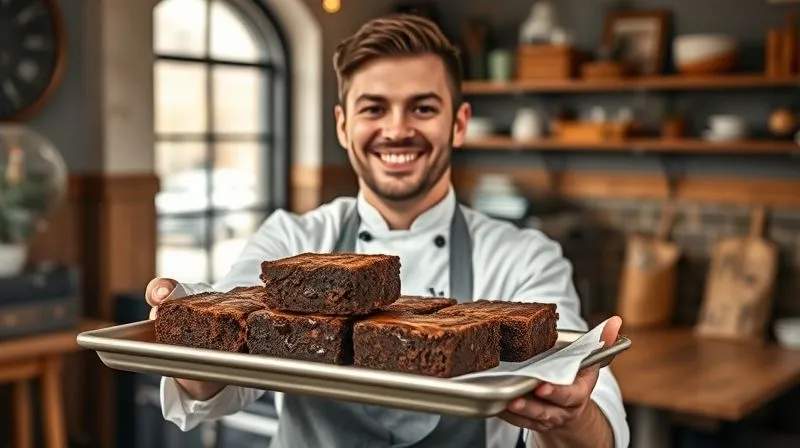 photorealistic, professional photography, 8K, cinematic lighting, sharp focus, depth of field, shot on a high-end DSLR, a smiling pastry chef proudly presenting a tray of beautifully baked vegan brownies in a cozy, rustic cafe setting, emphasizing success and customer satisfaction.