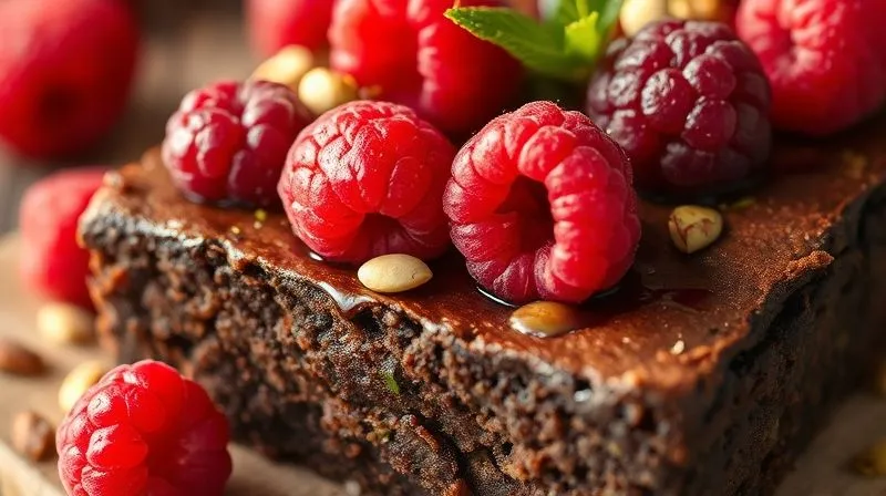 photorealistic, professional photography, 8K, cinematic lighting, sharp focus, depth of field, shot on a high-end DSLR, a close-up of a vegan brownie topped with fresh raspberries and a sprinkle of pistachios, with a delicate drizzle of date caramel, showcasing delicious and healthy additions.