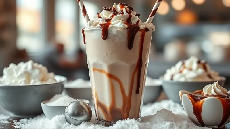 A photorealistic image of an overflowing, overly garnished, sweet milkshake in a large glass, surrounded by bowls of sugar, whipped cream, and chocolate syrup, with a blurred background suggesting an unhealthy indulgence. Cinematic lighting, sharp focus on the dessert, 8K, shot on a high-end DSLR.