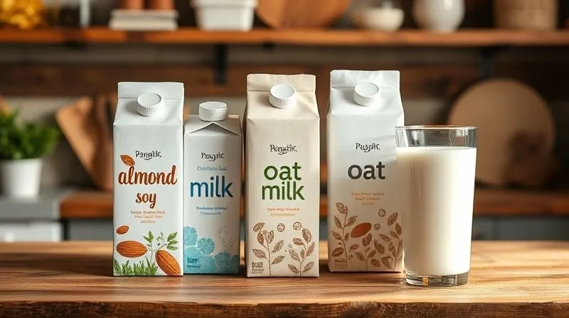 A photorealistic image of various plant-based milk cartons (almond, soy, oat - clearly labeled 'unsweetened') and a glass of skim milk, neatly arranged on a rustic kitchen counter. Soft, natural light illuminates the scene, highlighting textures. 8K, cinematic lighting, sharp focus, depth of field, shot on a high-end DSLR.