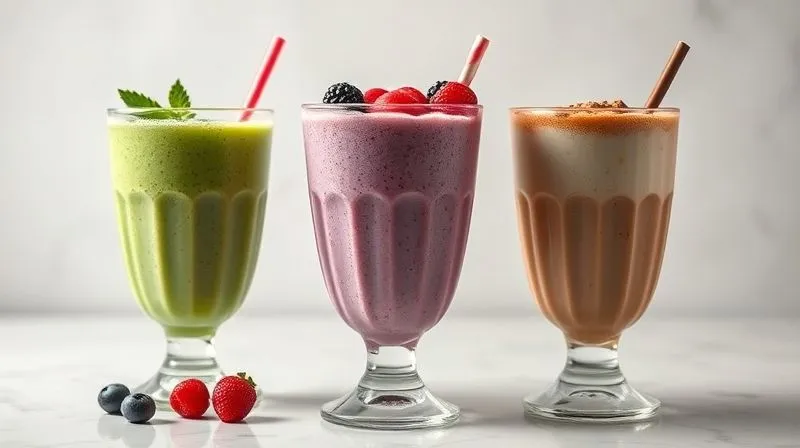 A photorealistic image displaying three distinct, beautifully presented low-calorie milkshakes in unique, elegant glasses. One is vibrant green, one is rich purple with berries, and one is creamy brown with a hint of cocoa. Each is garnished tastefully, sitting on a clean, minimalist surface with soft, diffused lighting. 8K, cinematic lighting, sharp focus, depth of field, shot on a high-end DSLR.