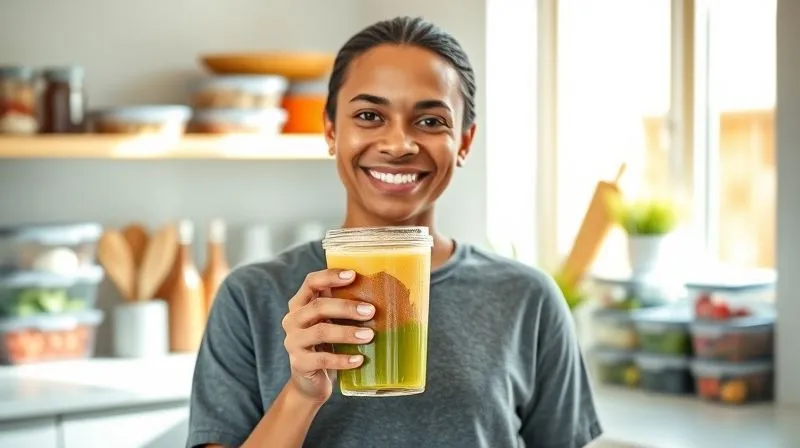 A person smiling brightly, holding a vibrant, perfectly blended smoothie in a stylish reusable cup, standing in a modern, sunlit kitchen. The background shows neatly organized meal prep containers with various ingredients. The person exudes health, confidence, and vitality. Photorealistic, professional photography, 8K, cinematic lighting, sharp focus, depth of field, shot on a high-end DSLR.