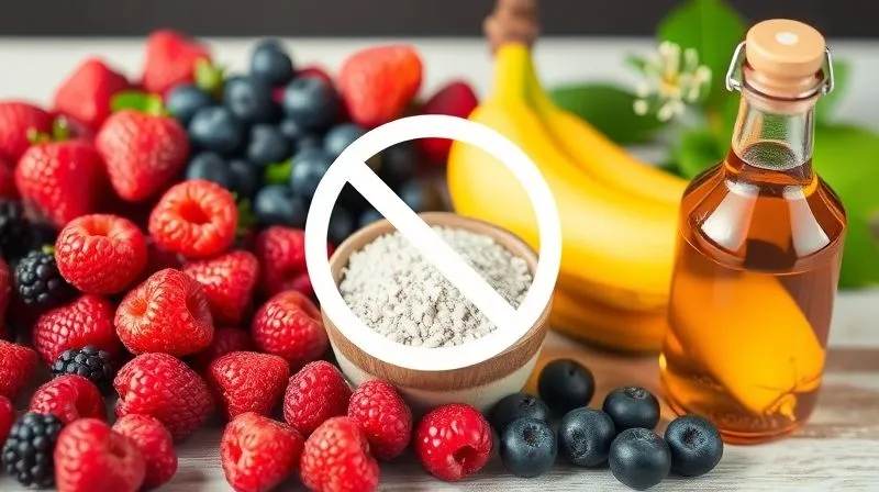 A photorealistic still life image of various natural sweeteners – fresh berries, a ripe banana, a small bowl of stevia granules, and a bottle of maple syrup (with a crossed-out symbol over it to indicate avoidance for low-cal). Soft, natural light.