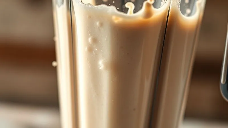 A photorealistic close-up of a high-speed blender in action, creating a perfectly smooth, thick, and creamy milkshake, with dynamic splashes and motion blur. The light emphasizes the texture and richness of the blend. Cinematic lighting, sharp focus, 8K hyper-detailed.