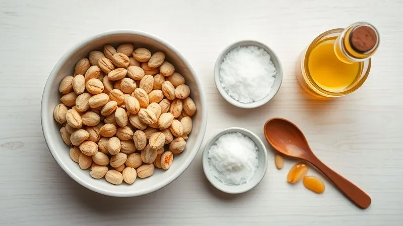 A minimalist, top-down shot of various ingredients for healthy peanut butter on a light wooden table: a bowl of roasted peanuts, a small dish of erythritol, a bottle of vanilla extract, a pinch of sea salt, and a spoon of coconut oil. Photorealistic, professional photography, 8K, cinematic lighting, sharp focus on the ingredients, depth of field blurring the background, shot on a high-end DSLR.