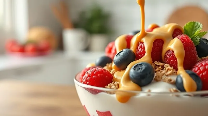 A vibrant, close-up shot of a healthy dessert featuring homemade sugar-free peanut butter. A bowl of Greek yogurt topped with fresh berries (raspberries, blueberries), granola, and a generous drizzle of creamy, golden peanut butter. The background is softly blurred, showing a bright kitchen. Photorealistic, professional photography, 8K, cinematic lighting, sharp focus on the dessert, depth of field, shot on a high-end DSLR.