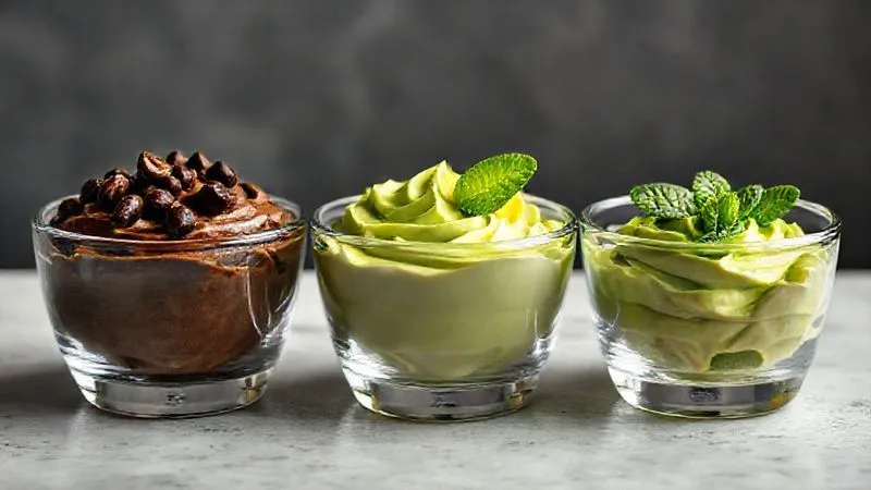 Photorealistic, professional photography of three small glass bowls, each containing a different variation of avocado cream. One is a dark chocolate avocado cream, garnished with cocoa nibs. Another is a light green, citrus-infused avocado cream, garnished with lemon zest. The third is a vibrant green avocado cream with fresh mint leaves. All are presented with cinematic lighting, sharp focus, depth of field, 8K hyper-detailed, shot on a high-end DSLR.