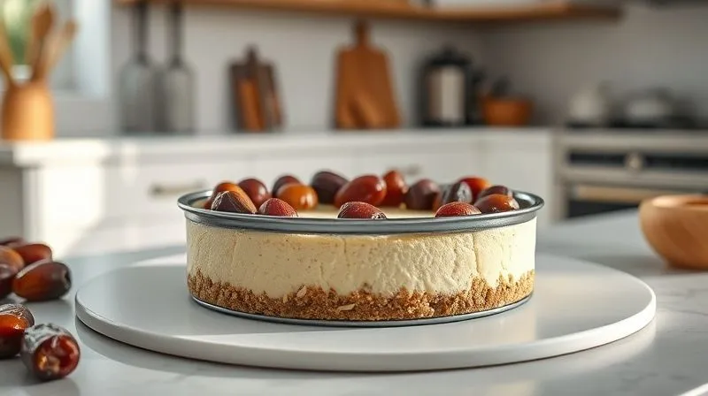 photorealistic, professional photography, 8K, cinematic lighting, sharp focus, depth of field, shot on a high-end DSLR of a beautifully prepared, low-calorie cheesecake base made from crushed oats and dates, pressed into a springform pan, with fresh light streaming into a clean, modern kitchen.