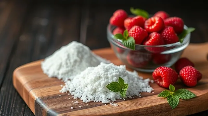 photorealistic, professional photography, 8K, cinematic lighting, sharp focus, depth of field, shot on a high-end DSLR of a variety of natural sweeteners (erythritol, xylitol, stevia leaves) artfully arranged on a wooden board next to a bowl of fresh berries, suggesting healthy dessert ingredients.