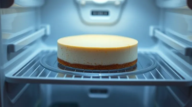 photorealistic, professional photography, 8K, cinematic lighting, sharp focus, depth of field, shot on a high-end DSLR of a beautifully set, low-calorie cold cheesecake gently chilling in a modern refrigerator, with soft internal light highlighting its smooth surface, symbolizing patience and perfection.