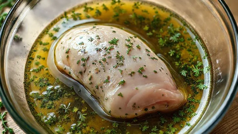 Photorealistic close-up of raw chicken breast marinating in a vibrant, herb-infused liquid in a glass bowl, with fresh herbs scattered around. Cinematic lighting, sharp focus on the marinating process, 8K, high-end DSLR.