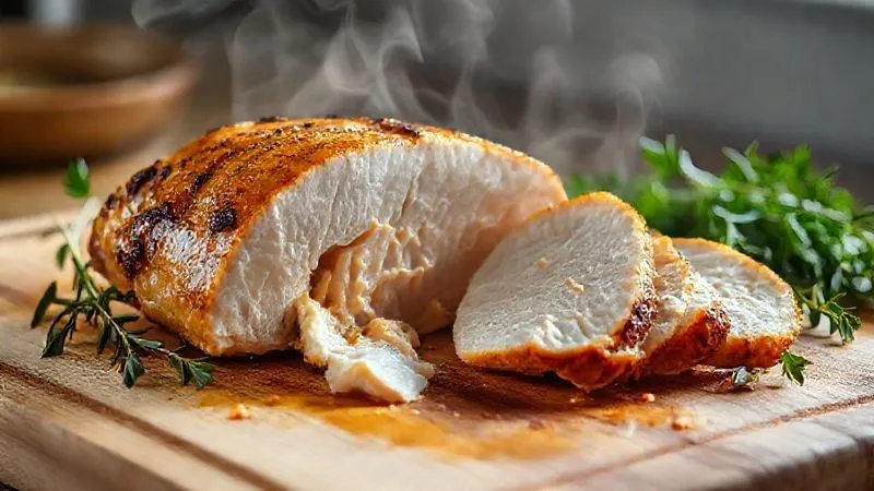 Photorealistic image of a perfectly cooked, sliced chicken breast showing its juicy interior, resting on a cutting board next to fresh herbs. Steam subtly rising. Cinematic lighting, sharp focus, 8K, high-end DSLR.