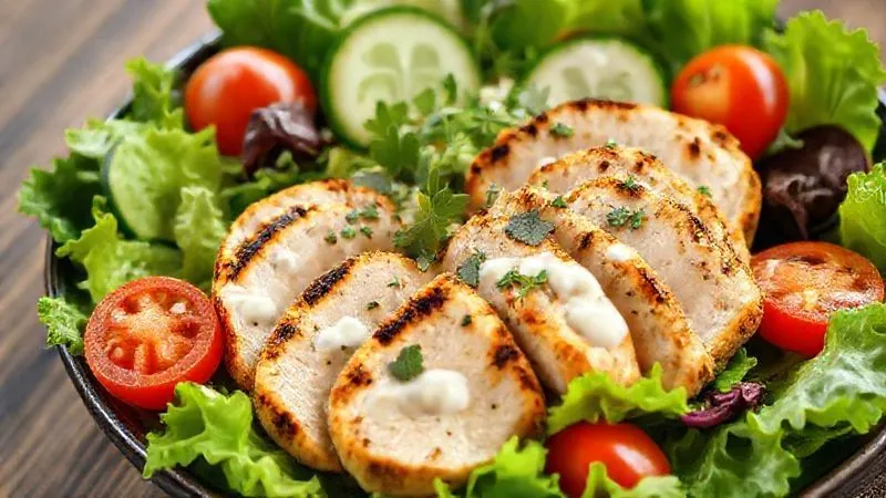 A beautifully plated, vibrant low-fat chicken salad with grilled, juicy chicken slices, fresh mixed greens, cherry tomatoes, cucumber, and a light, creamy, herb dressing. The focus is on freshness and appetite appeal. Photorealistic, professional photography, 8K, cinematic lighting, sharp focus, depth of field, high-end DSLR.