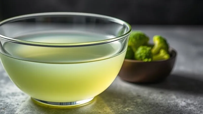 Photorealistic image of a transparent glass bowl with a thin, watery light green soup, contrasting with a small bowl of fresh, vibrant broccoli florets. The scene conveys a sense of disappointment and lack of flavor. Professional photography, 8K, cinematic lighting, sharp focus on the soup, depth of field blurring the background, shot on a high-end DSLR.