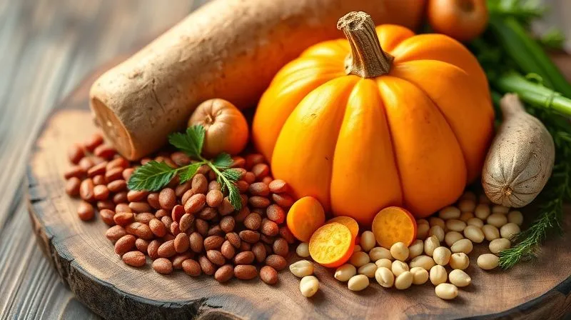 Photorealistic image of a vibrant, colorful assortment of raw vegetables known for thickening soups: a bright orange butternut squash, a few sweet potatoes, a handful of red lentils, and some chickpeas, all arranged on a rustic wooden board with soft, natural light. Professional photography, 8K, cinematic lighting, sharp focus on the vegetables, depth of field blurring the background, shot on a high-end DSLR.