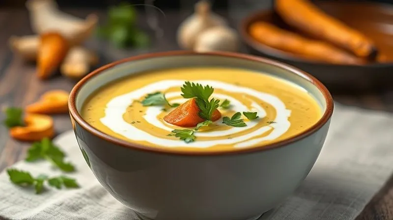 Photorealistic image of a bowl of the prepared low-fat roasted vegetable cream soup with ginger and turmeric, garnished with fresh cilantro and a delicate swirl of light coconut milk. The soup is steaming gently, highlighting its rich color and thick texture. In the background, a few roasted vegetable pieces and fresh ginger are artfully arranged. Professional photography, 8K, cinematic lighting, sharp focus on the soup, depth of field blurring the background, shot on a high-end DSLR.