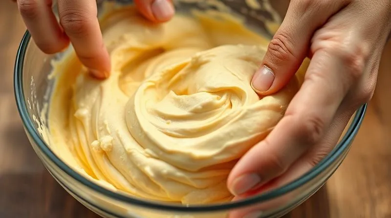 A close-up, photorealistic image of hands gently mixing ingredients for low-carb egg patties in a bowl, showing the creamy texture of the mixture, cinematic lighting, sharp focus on the hands and mixture, depth of field blurring the background, 8K hyper-detailed.