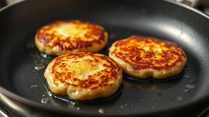 A photorealistic image of golden-brown low-carb egg patties sizzling gently in a hot pan with a slight mist of steam, professional photography, 8K, cinematic lighting, sharp focus on the patties, depth of field blurring the background, shot on a high-end DSLR.
