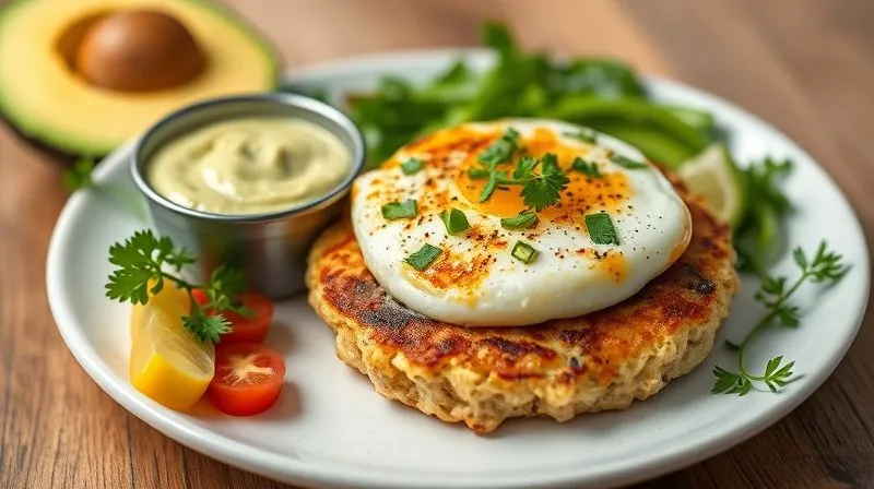 A vibrant, photorealistic image of a perfectly plated low-carb egg patty meal, garnished with fresh herbs and a creamy avocado dip, professional photography, 8K, cinematic lighting, sharp focus on the food, depth of field blurring the background, shot on a high-end DSLR.