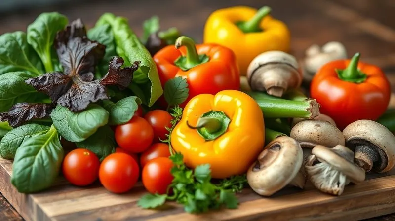 photorealistic, professional photography, 8K, cinematic lighting, sharp focus, depth of field, shot on a high-end DSLR of a vibrant assortment of fresh, colorful vegetables like spinach, bell peppers, cherry tomatoes, and mushrooms, neatly arranged on a rustic wooden cutting board, ready for cooking. The light highlights their freshness and natural textures, evoking a sense of healthy preparation.