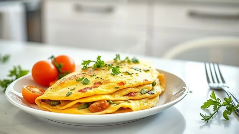 photorealistic, professional photography, 8K, cinematic lighting, sharp focus, depth of field, shot on a high-end DSLR of a beautifully plated, fluffy vegetable omelette, garnished with fresh herbs and a side of cherry tomatoes. The steam is gently rising, indicating warmth and freshness. The setting is a minimalist, bright kitchen table, emphasizing health and simplicity.