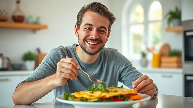photorealistic, professional photography, 8K, cinematic lighting, sharp focus, depth of field, shot on a high-end DSLR of a person happily enjoying a healthy breakfast, a delicious vegetable omelette, in a bright, modern kitchen. The person is smiling contentedly, reflecting the feeling of being full and energized, suggesting a successful start to a healthy day.