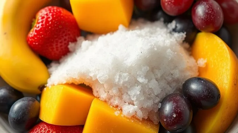 A close-up, photorealistic image of a vibrant fruit bowl overflowing with various fruits like bananas, grapes, and mango, but with a subtle, almost imperceptible layer of sugar crystals shimmering on top, illustrating the hidden sugar trap. Professional photography, 8K, cinematic lighting, sharp focus, depth of field.