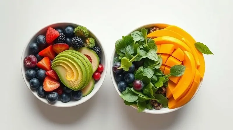 A high-angle, photorealistic shot of three distinct, vibrant fruit bowls arranged on a clean, minimalist white table. One bowl is rich in purple berries, another is green with spinach and avocado, and the third features tropical mango. Each bowl is meticulously prepared, showcasing healthy toppings, with soft, natural lighting. Professional photography, 8K, cinematic lighting, sharp focus, depth of field.