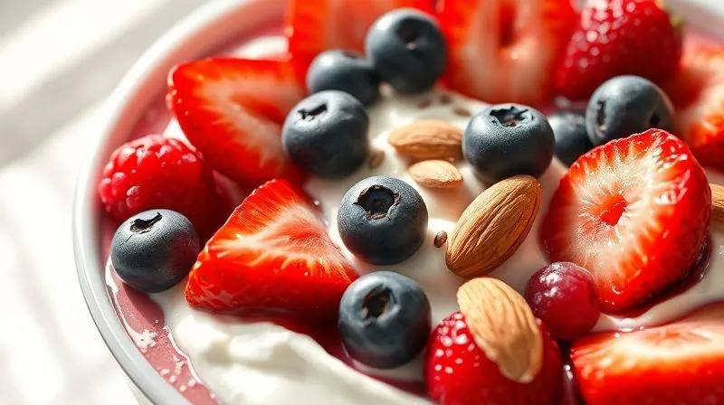 A close-up, photorealistic image of a vibrant fruit bowl, expertly crafted, featuring a generous swirl of thick Greek yogurt as the base, topped with fresh mixed berries (strawberries, blueberries, raspberries), a sprinkle of chia seeds, and a few whole almonds. The bowl is presented in natural morning light, emphasizing its freshness and rich texture. Professional photography, 8K, cinematic lighting, sharp focus, depth of field, shot on a high-end DSLR.