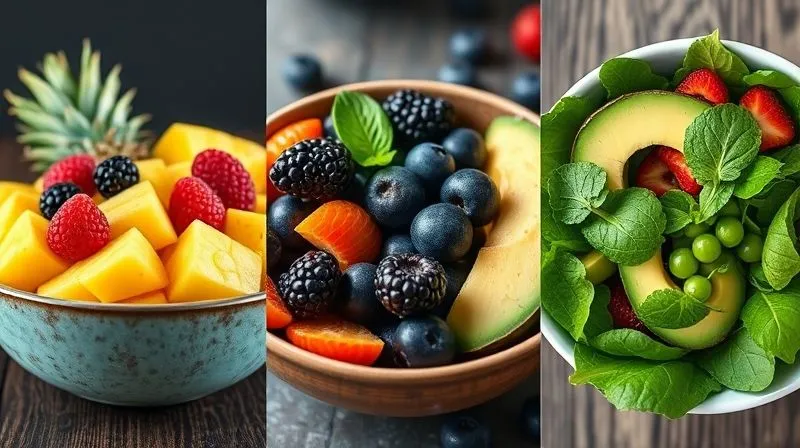 A triptych of three distinct, photorealistic fruit bowls, each visually appealing and healthy. The first bowl is tropical with pineapple and mango, the second is dark with forest berries, and the third is green with avocado and spinach. All bowls are professionally styled, brightly lit, with sharp focus on the fresh ingredients, shot on a high-end DSLR, 8K, cinematic lighting, depth of field. Each bowl should look delicious and nutritious, showcasing variety.