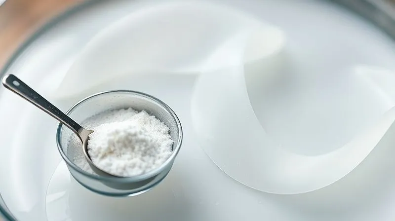 Photorealistic close-up of gelatin sheets blooming in cold water next to a small bowl of agar-agar powder, with a measuring spoon, cinematic lighting, sharp focus on the ingredients, depth of field, 8K hyper-detailed, professional food photography.