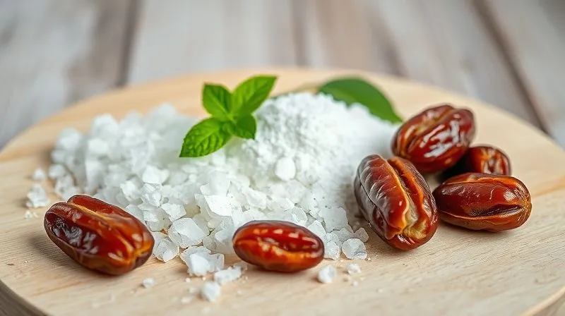 Photorealistic arrangement of various low-calorie sweeteners: erythritol crystals, stevia powder, xylitol, and a few dried dates, artfully placed on a light wooden board, with soft natural light, sharp focus on the sweeteners, depth of field, 8K hyper-detailed, professional food photography.