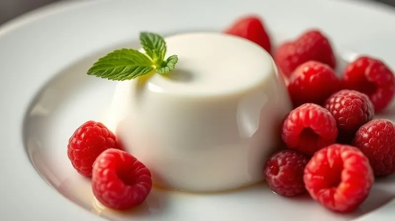 Photorealistic, professional food photography of a beautifully plated light panna cotta, perfectly unmolded onto a white plate, showcasing its creamy, firm texture, garnished with fresh raspberries and a mint leaf, cinematic lighting, sharp focus, depth of field, 8K hyper-detailed.
