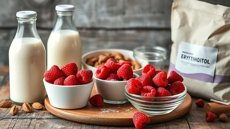 A vibrant, professional photography, 8K, cinematic lighting, sharp focus, depth of field, shot on a high-end DSLR, featuring a selection of healthy, light dessert ingredients: bottles of almond milk, a container of Greek yogurt, a small bowl of fresh raspberries, and a bag of erythritol, all artfully arranged on a rustic wooden table. The focus is on the textures and natural colors of the ingredients, suggesting freshness and quality.