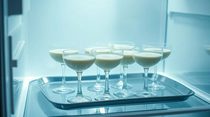 A photorealistic, professional photography, 8K, cinematic lighting, sharp focus, depth of field, shot on a high-end DSLR, showing multiple elegant glasses filled with light panna cotta, neatly arranged on a tray, being carefully placed into a sparkling clean, modern refrigerator. The lighting highlights the gentle steam still rising from the desserts, contrasting with the cool, crisp interior of the fridge, emphasizing the importance of proper cooling.