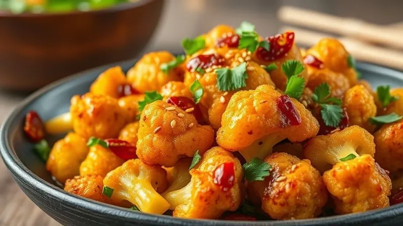 photorealistic, professional photography, 8K, cinematic lighting, sharp focus, depth of field, shot on a high-end DSLR image of a perfectly roasted cauliflower florets coated in a glossy, rich orange glaze, garnished with fresh cilantro, sesame seeds, and a sprinkle of chili flakes. The background hints at an Asian-inspired setting with blurred bamboo elements or a traditional bowl, emphasizing the exotic and delicious nature of the dish.