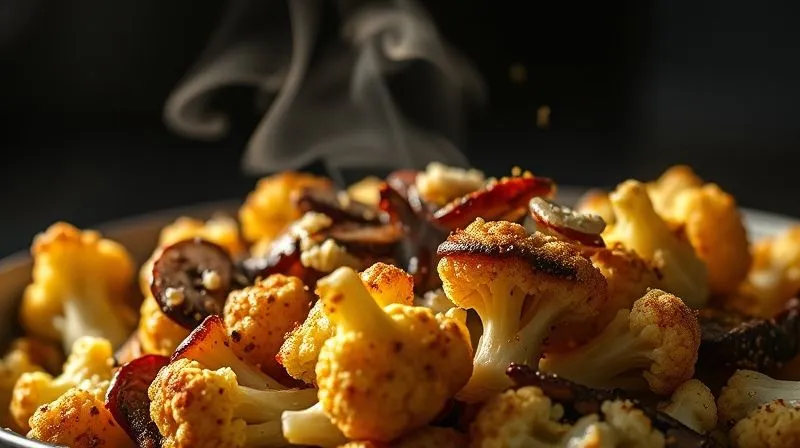 photorealistic, professional photography, 8K, cinematic lighting, sharp focus, depth of field, shot on a high-end DSLR image of deeply roasted cauliflower florets with a rich, dark umami glaze, scattered with crispy fried mushrooms and a sprinkle of nutritional yeast. The lighting is dramatic, highlighting the texture and depth of color, suggesting a complex and satisfying gourmet dish. A subtle steam rises from the dish, indicating freshness.