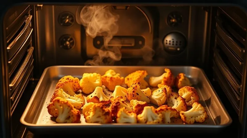 photorealistic, professional photography, 8K, cinematic lighting, sharp focus, depth of field, shot on a high-end DSLR image of an oven interior, slightly open, revealing a baking sheet with perfectly roasted cauliflower florets, golden brown and slightly charred at the edges. The light from the oven illuminates the steam rising from the vegetables, emphasizing the ideal cooking process and inviting aroma. The focus is on the perfectly cooked cauliflower.