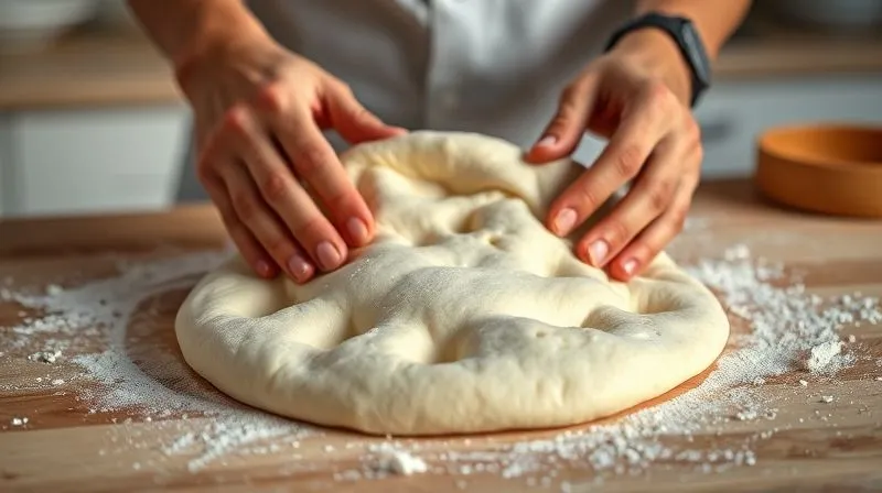 Photorealistic, professional photography, 8K, cinematic lighting, sharp focus, depth of field, shot on a high-end DSLR. A pair of hands gently stretching a soft, well-risen gluten-free pizza dough on a lightly floured wooden surface. The dough shows subtle air pockets, indicating proper fermentation, with a warm, inviting light illuminating its texture. The background is a softly blurred, clean kitchen setting.