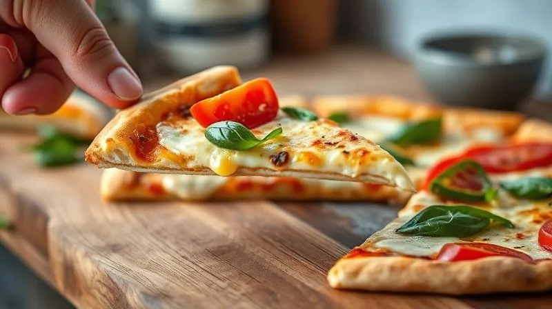 Photorealistic, professional photography, 8K, cinematic lighting, sharp focus, depth of field, shot on a high-end DSLR. A slice of a perfectly baked, light gluten-free pizza being lifted from a rustic wooden board, showing a thin, crispy crust and vibrant, fresh toppings. The steam gently rises from the pizza, emphasizing its freshness and inviting aroma. The background hints at a happy, healthy home kitchen.