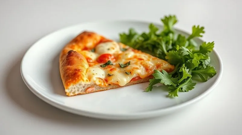 Photorealistic, professional photography, 8K, cinematic lighting, sharp focus, depth of field, shot on a high-end DSLR. A beautifully plated single slice of gluten-free pizza on a white ceramic plate, accompanied by a fresh green salad with a light vinaigrette. The setting is a minimalist, bright dining table, emphasizing healthy eating and portion control. The focus is on the balanced meal, not just the pizza itself.