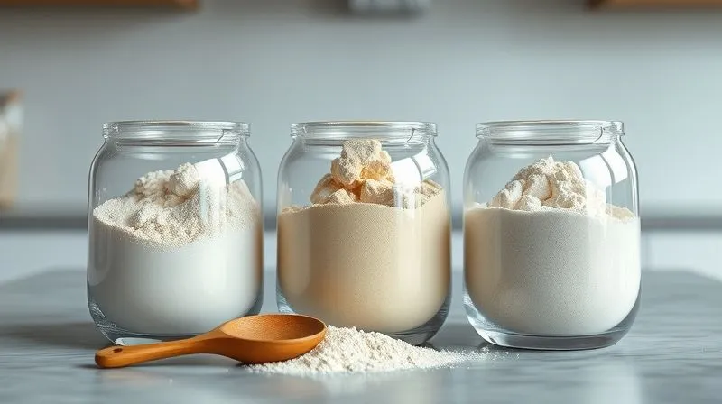 Photorealistic, professional photography, 8K, cinematic lighting, sharp focus, depth of field, shot on a high-end DSLR of three different types of protein powder (whey isolate, casein, plant-based) in elegant, clear containers, with subtle textural differences visible. A small wooden spoon is next to each, suggesting culinary use. The background is a clean, minimalist kitchen counter.